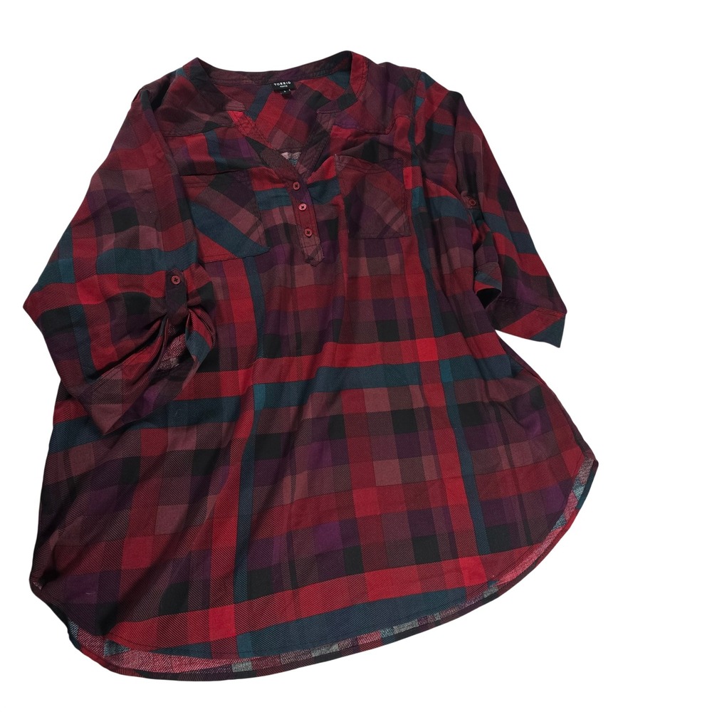 Torrid Harper Red‎ Purple Plaid 3/4 Sleeve Blouse Plus Size 3 42860215